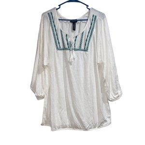 Karen Brooks White Long Sleeve Blouse Size 1X Womens Plus Pink Embroidered Green